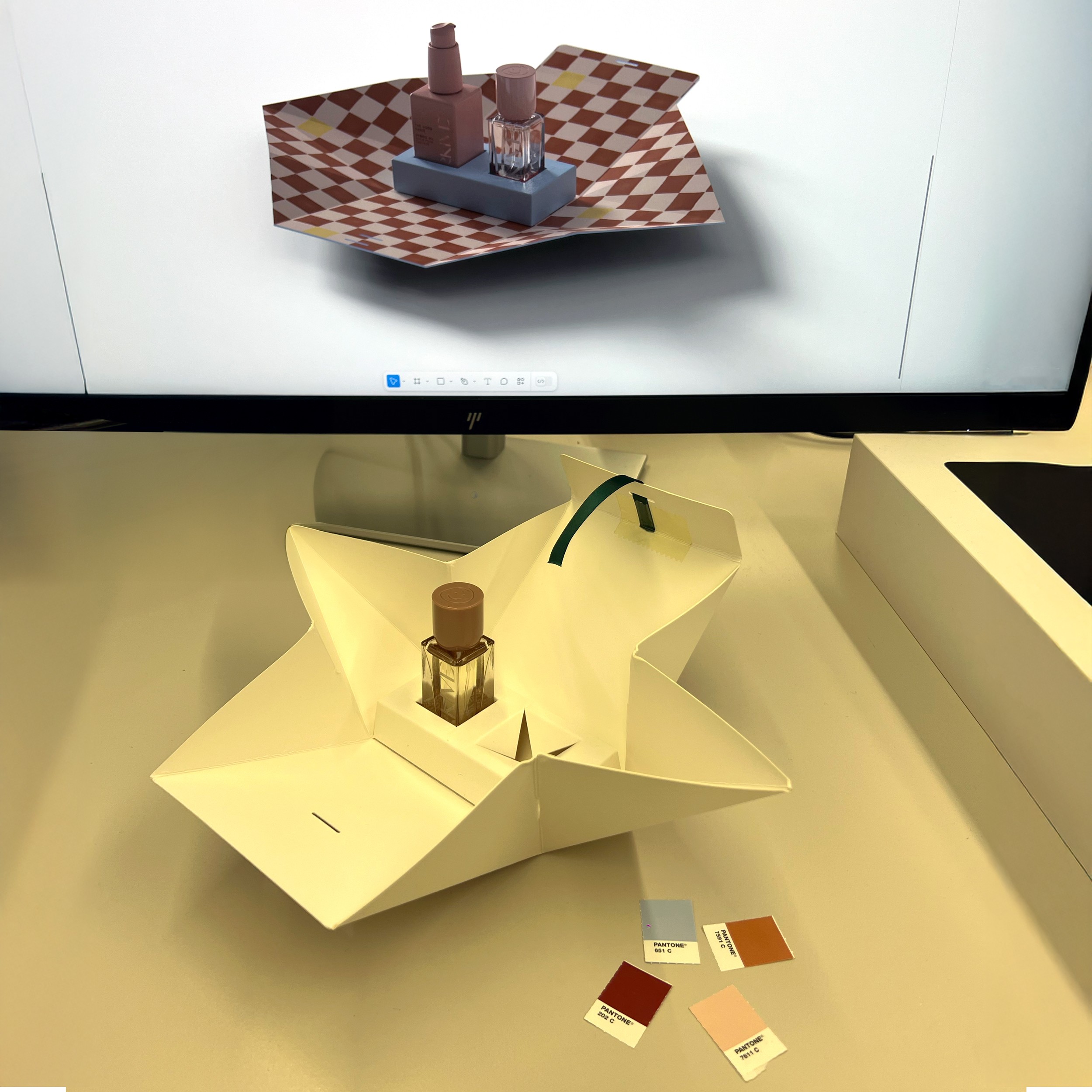 Graphic depicting a hexagonal cropped photo of an interior room design with grid lines along its borders.